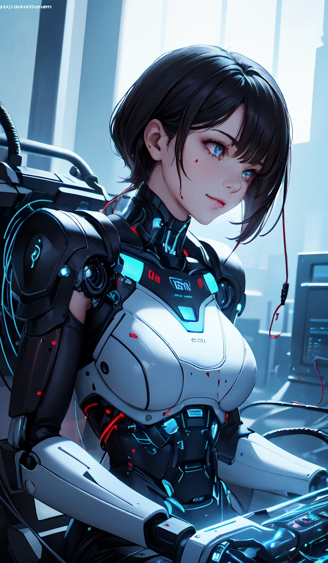 1mechanical girl,((ultra realistic details)), portrait512 Cyborg512 Tay512,electronics, motors, wires, buttons, lcd,global illumination, shadows, octane render, 8k, ultra sharp,metal,intricate, ornaments detailed, cold colors, egypician detail, highly intricate details, realistic light, trending on cgsociety, glowing eyes, facing camera, neon details, machanical limbs,blood vessels connected to tubes,mechanical vertebra attaching to back,mechanical cervial attaching to neck,sitting,wires and cables connecting to head