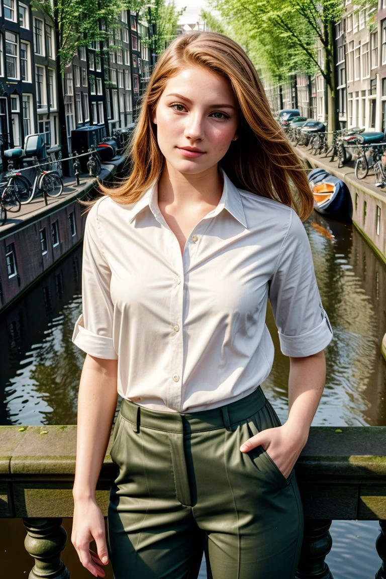 European woman, closeup, (shirt), pants, (amsterdam canals), (), ZM_nathalie , wide shoulders, perfect face, (contact iris: 1.1), pale skin, skin pores , depth of field