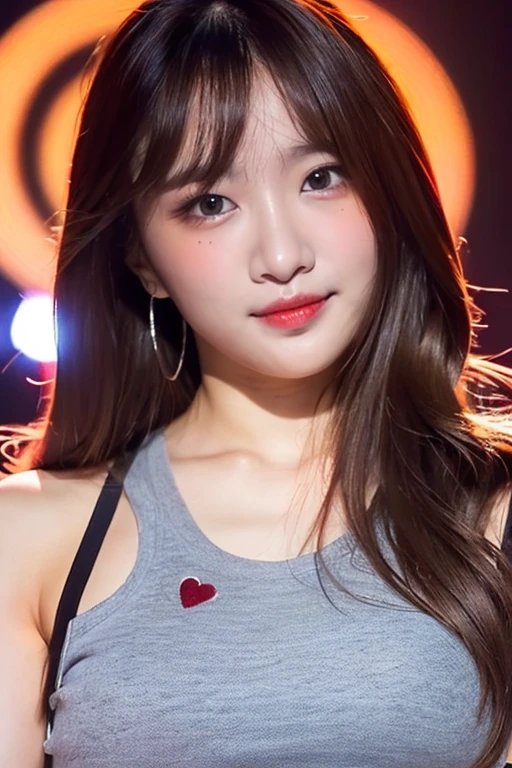 1girl, soro, (full body:1.2), shiny skin, super detailed skin, detailed beautiful face and eyes, spotlight, professional lighting, bangs, sexy, make up, brown long hair, beautiful hair, (red, tank-top, heart), stage, brown eyes, kooo123, <lora:EXID_haOO_v1:0.8>