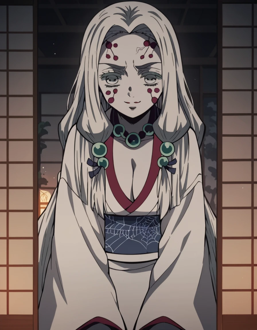 score_9, score_8_up, score_7_up, source_anime,
oldersisterspiderdemon, <lora:older-sister-spider-demon-ponyxl-lora-nochekaiser:1>,
spider demon, long hair, hair ornament, very long hair, white hair, grey eyes, facial mark, thick eyebrows, pale skin,
long sleeves, cleavage, jewelry, japanese clothes, kimono, necklace, sash, obi, beads,
indoors, dojo, bent over, smile,
solo, looking at viewer, cowboy shot, dutch angle,