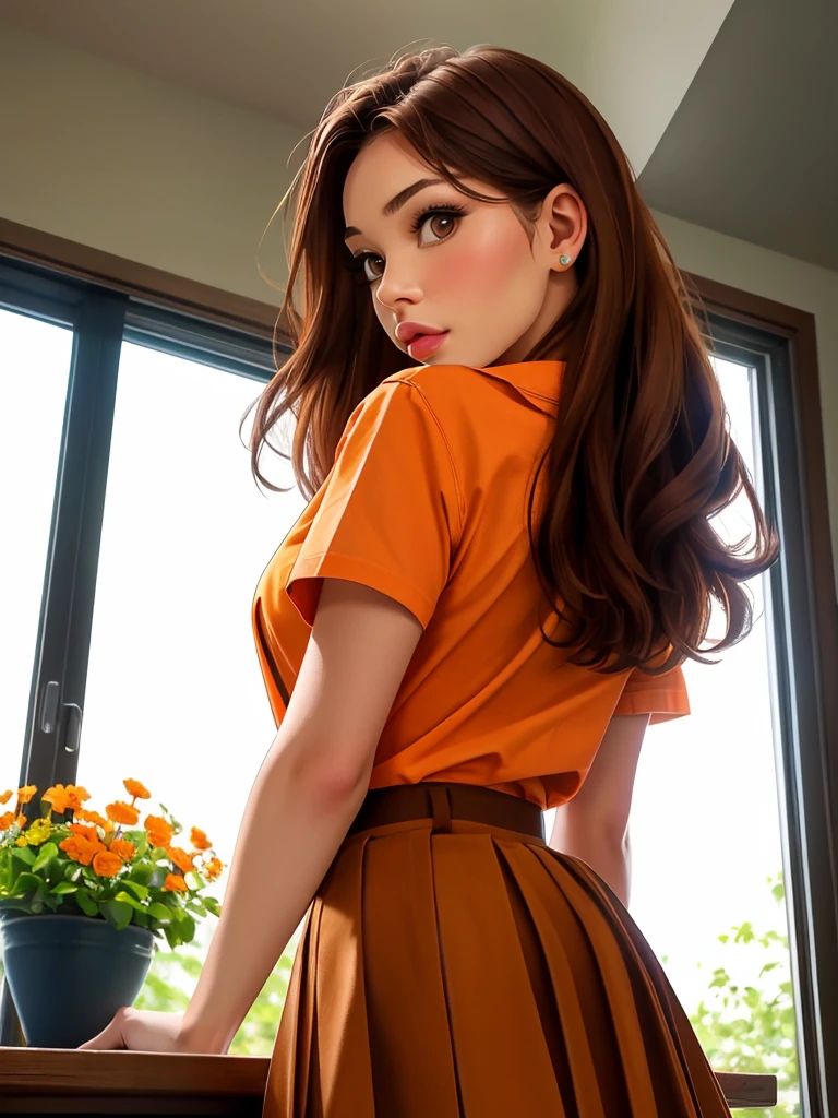 Realistic photo of a beautiful l1llyr43 woman,1girl, solo, looking at viewer, skirt, brown hair, shirt, brown eyes, looking back, indoors, from behind, lips, from below, orange shirt, professional Photography, Photorealistic, detailed, RAW, analog, sharp focus, high quality, film grain, masterpiece<lora:l1llyr43:1.0>