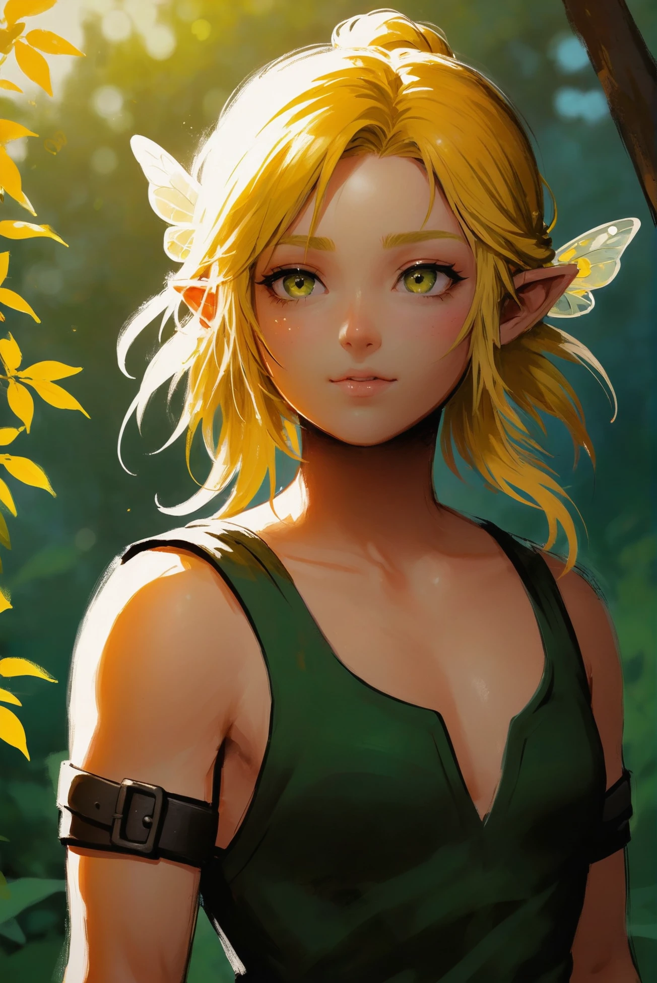 rough brushy digital painting, palette knife, sketch, anime style, 1girl, woman, glowing goldenrod skin, f/1.4 lens, bokeh, tiny Sassafras tree fairy princess,insect wings, see-through gossamer, bombshell hair, platinum hair, pointy hair, darkolivegreen clothes, toned body, athletic build, narrow waist, wide hips, small breasts, albino, Cistern Room \(room\) <lora:EnvyStarlightAnimeDigitalPainting01:1>