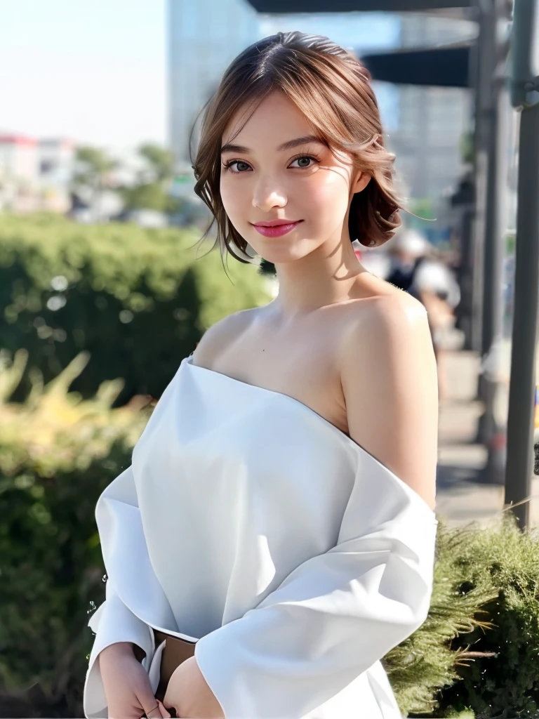 1girl, soro, (full body:1.2), shiny skin, super detailed skin, detailed beautiful face and eyes, spotlight, professional lighting, bangs, brown hair, short dress, (outdoor, day, simple background, off shoulder dress), black eyes, kooo123,  <lora:off_shoulder_dress_v1:0.6> <lora:Emma_MyeOO_v1:0.8>