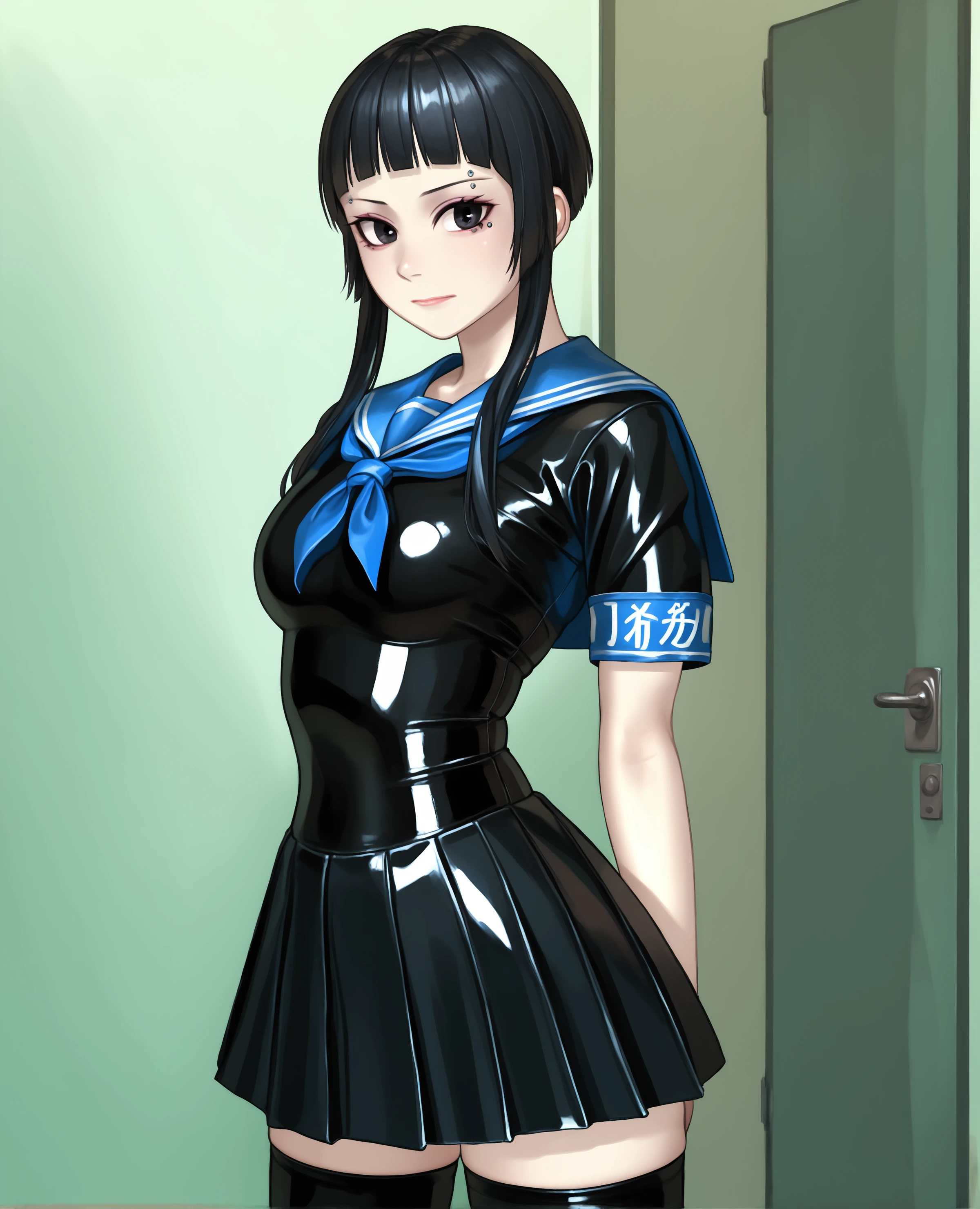 score_9, score_8_up, 1girl, solo,looking at viewer, standing, cowboy shot, black hair, black eyes, short hair with long locks, blue and black latex serafuku, latex, skirt, shiny clothes, blunt bangs, (very short bangs:1.3), makeup, eyeliner, short eyebrows, eyelashes, thighhighs, cowboy shot, armband, cowboy shot, closed mouth, eyebrow piercing, pale skin,tight, medium breasts, pale skin, (from side:0.3), <lora:NewKilye_r1-000017:1>