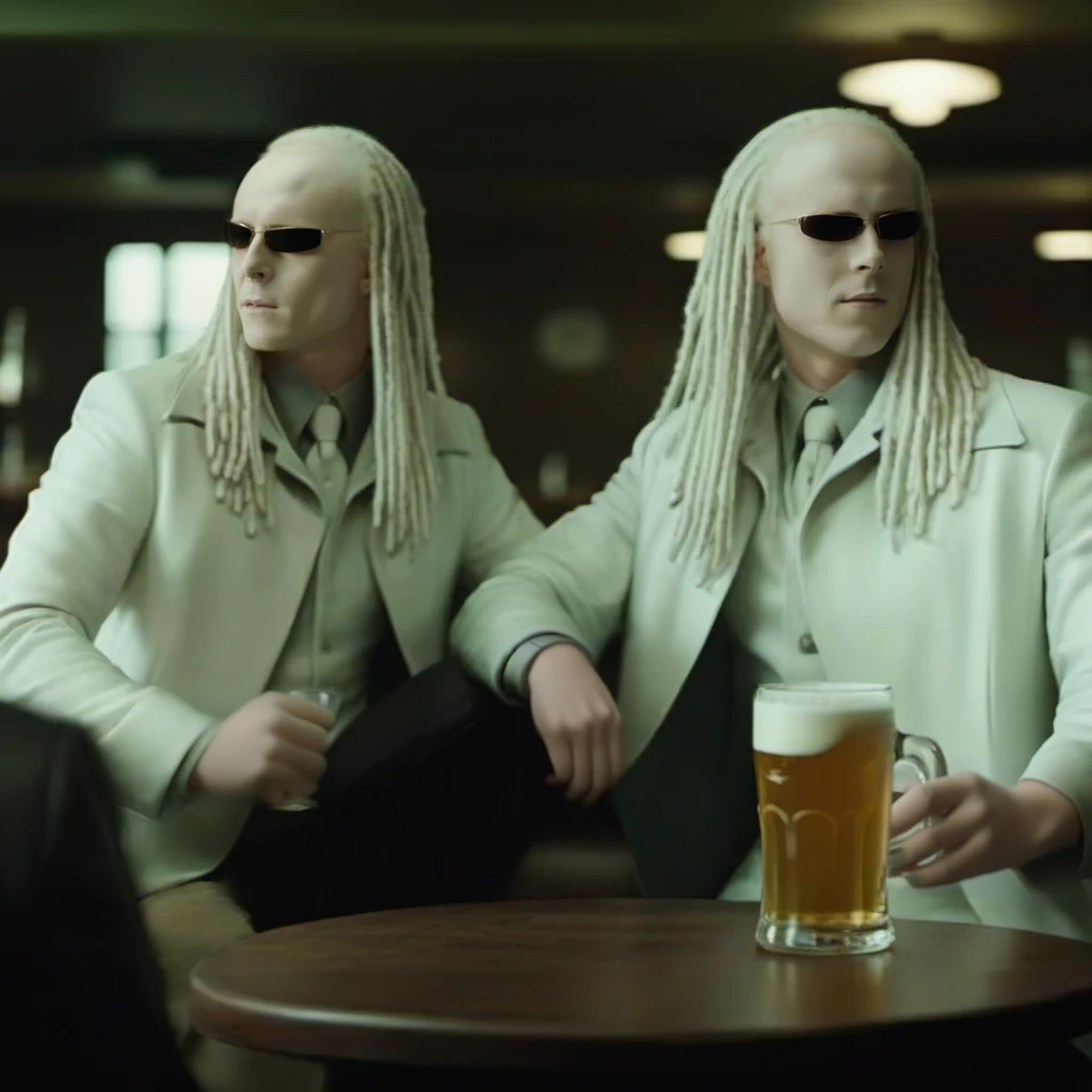 cinematic photo full body two pale men dressed in white, dreadlocks, sunglasses, having a beer in a pub  <lora:TheTwinsMatrix1024:0.8> . 35mm photograph, film, bokeh, professional, 4k, highly detailed