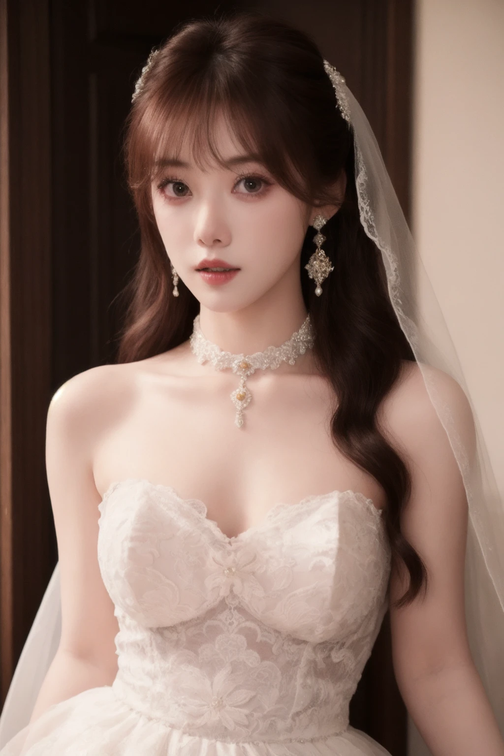 masterpiece, high quality,1girl, upper body, wedding dress, bridal veil, lace trim, choker,earrings, lace trim, ornate clothes, skirt hold, blush,, standing, knees,garter straps,parted lips, 
<lora:ip-adapter-faceid-plusv2_sd15_lora:0.65>  <lora:xiaoyu_v1:0.465>