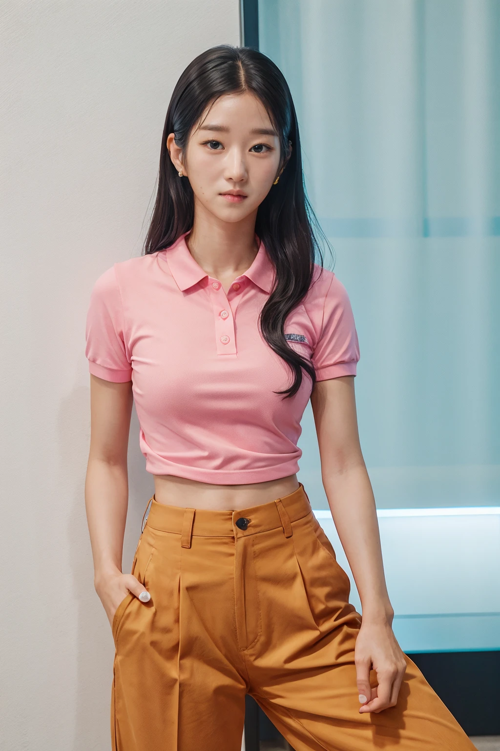 SeoYeji <lora:SeoYeji:1>, ,a woman wearing polo shirt and chino pants, sahara, (neon lighting:0.5)