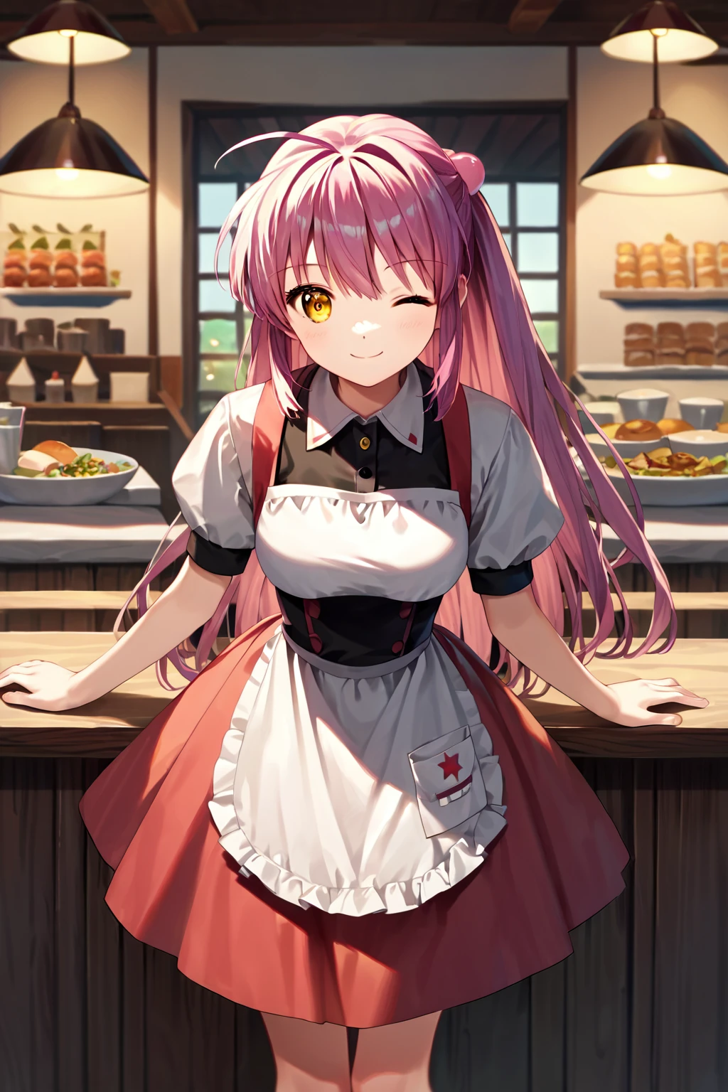 score_9, score_8_up, score_7_up, score_6_up, rating_safe, source_anime, best quality, masterpiece, detailed background, detailed eyes, restaurant, waitress outfit, wink, smile, <lora:futaki-kanata-xl-06:1>, futaki kanata, yellow eyes, medium breasts, small ahoge,