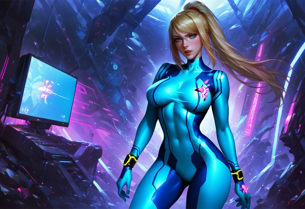 score_9, score_8_up, score_7_up
beautiful aesthetic, very intricate, high quality details
1girl, samus aran, (zero suit, full bodysuit:1.2)
cowboy shot
neon lights
indoors, science fiction, monitor, computer
<lora:Logan_Cure_-_Style:0.8>
<lora:Expressive_H:0.8> Expressiveh
