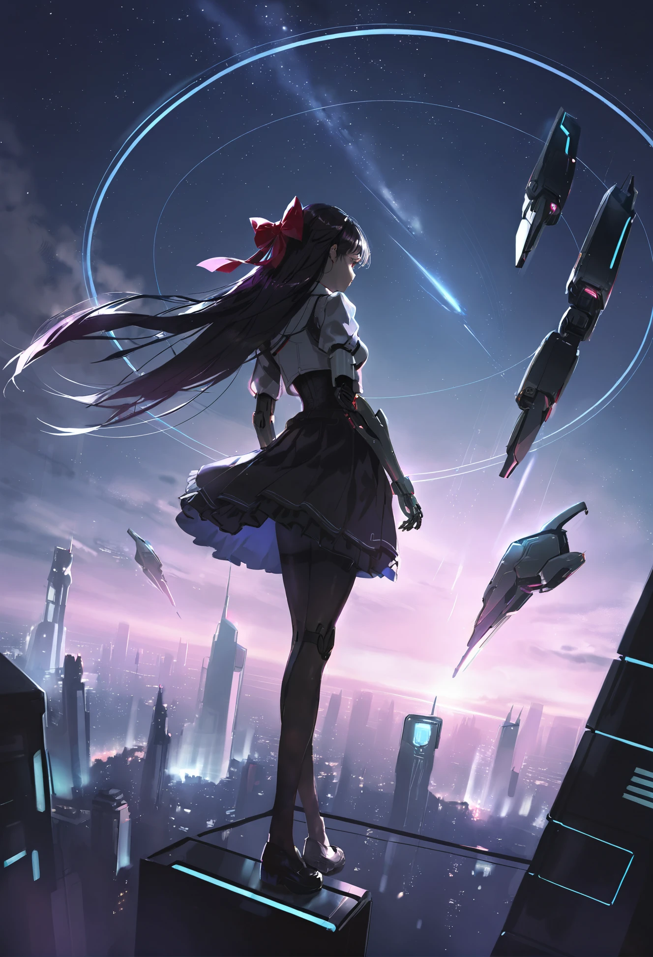 masterpiece, best quality,
1girl,
solo, cyberpunk, black pantyhose, 1011ta, scenery, night, star, (sky:1.1), (sky:1.1), starry sky, night sky, very long hair, outdoors, facing away, hair bow, floating object, standing, star \(sky\), skirt, mechanical arms, long hair, bow, black hair, red bow, orbital path, shatter, pleated skirt, looking away, black footwear, single mechanical arm, from behind, floating, moonlight, city, shoes, pantyhose, holographic interface, glowing