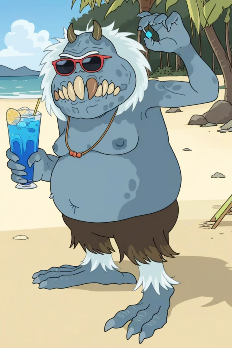 cartoon, western animation, ultimate masterpiece, Garblovian alien, (full shot, full body, wearing sunglasses, holding blue drink, at the beach:1.2)
<lora:Garblovian_AnimagineXL_V30_v1:.8>