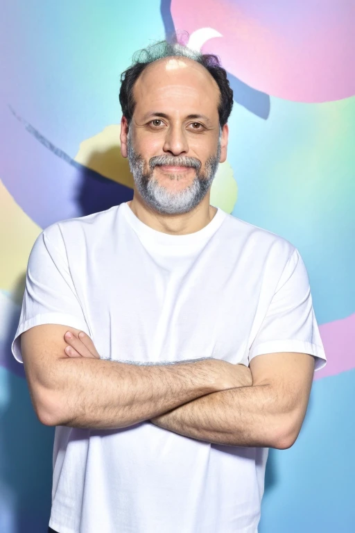 <lora:Luca_Guadagnino_Lora-10:0.9>, luca guadagnino, white tshirt, headshot, portrait, pastel background