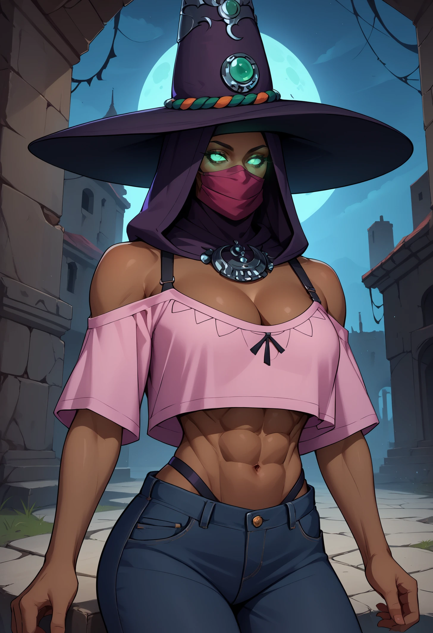 score_9, score_8_up, score_7_up, BREAK 1girl, solo, hecate, dark skin, green eyes, glowing eyes, medium breasts, <lora:HecatePDXL_V1-Manityro-CAME:1.0>, mask, covered mouth, outdoors, ancient city, ruins, dark, night, dark sky, darkness, dark environment,
looking at viewer, toned, abs, navel, 
witch hat, hood, pink shirt, off-shoulder shirt, cleavage, bare shoulders, bare arms, cropped shirt, grey jeans, bra straps,