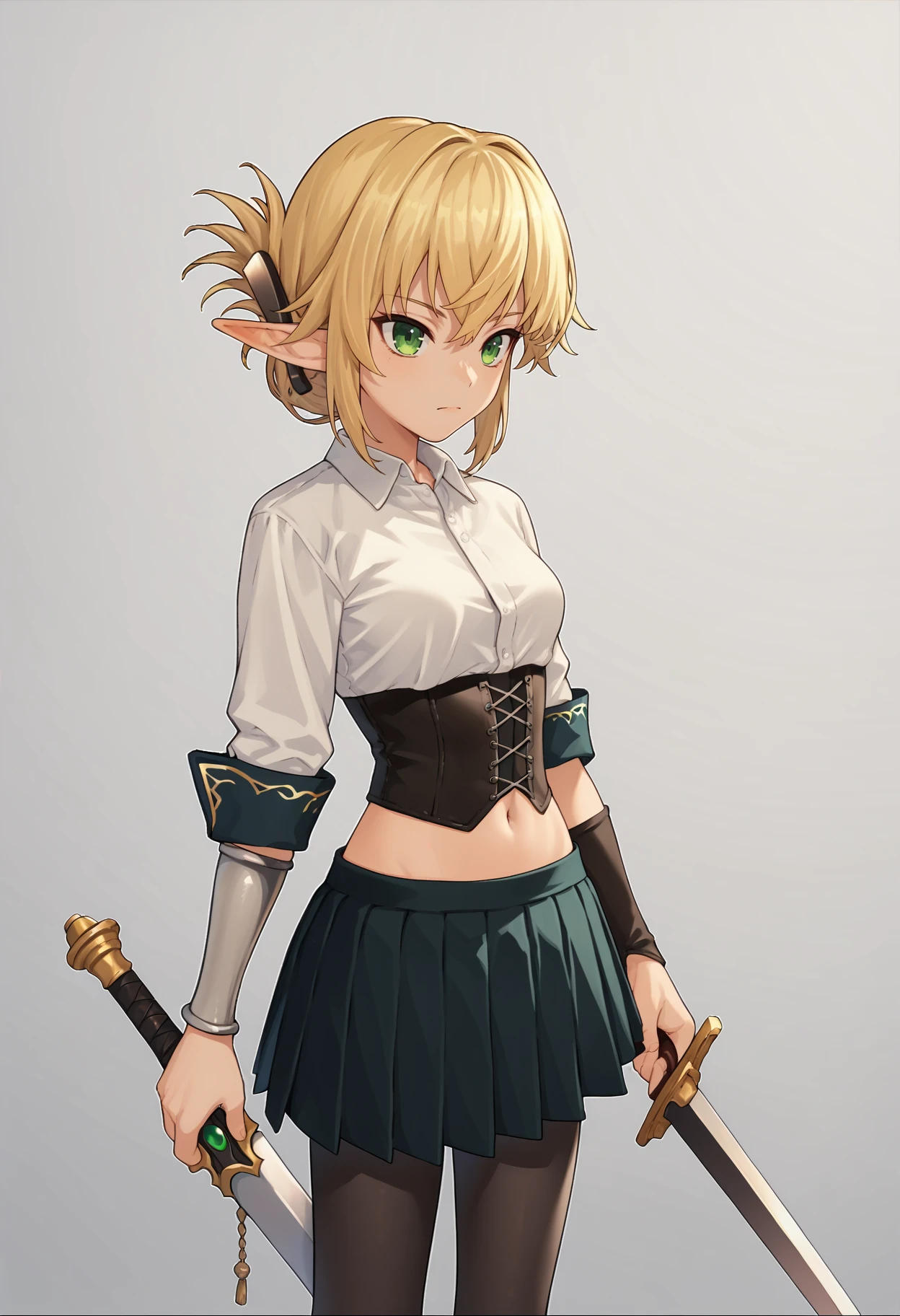 score_9, score_8_up, score_7_up, score_6_up, score_5_up, score_4_up, <lora:aegisenjokouhaiv1:1>, aegisek, blonde hair, pointy ears, sidelocks, folded ponytail, green eyes, hair ornament, aegisdefault, white shirt, corset, black pantyhose, pleated skirt, navel, sheath, single gauntlet, holding sword,