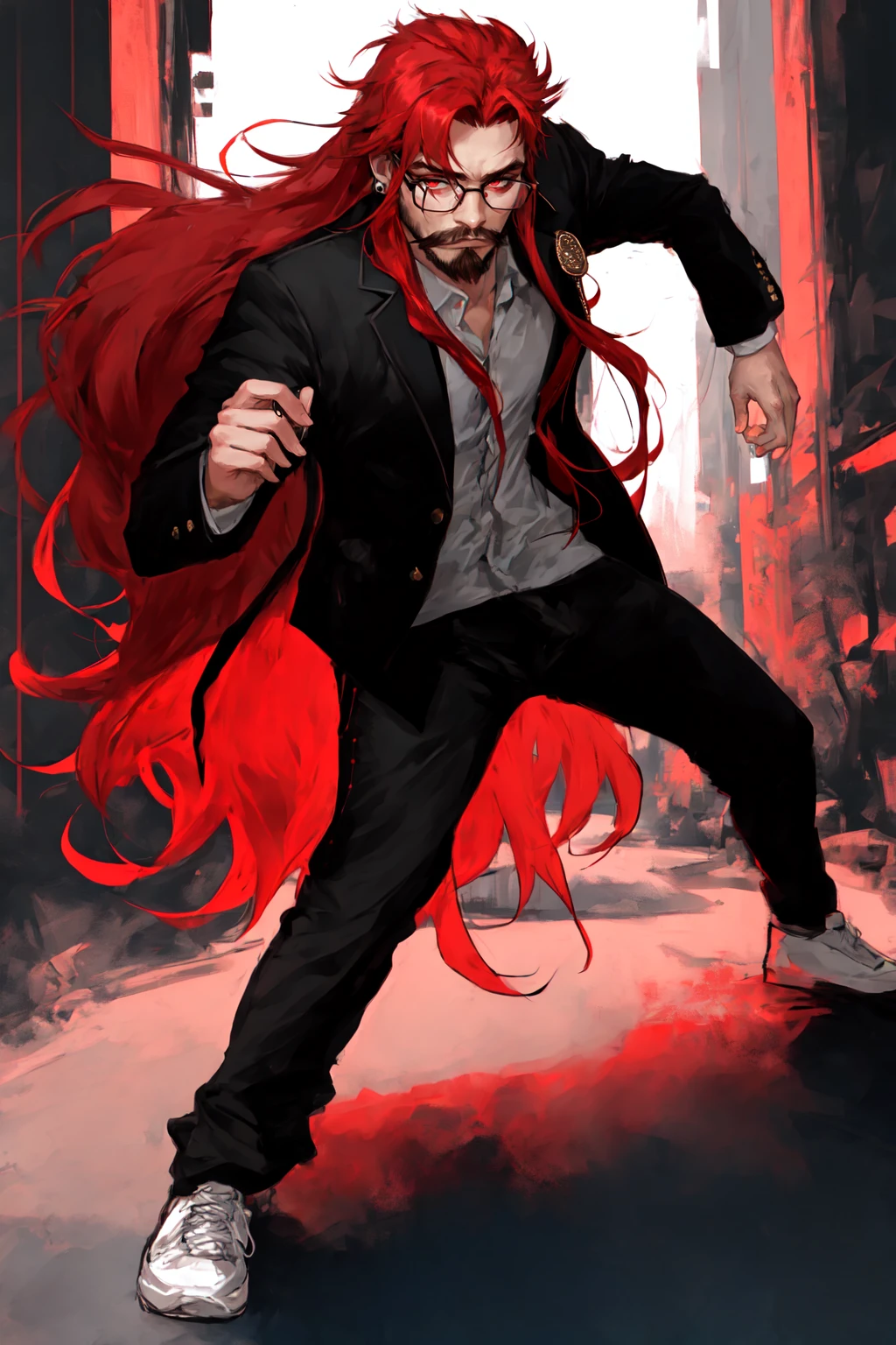 cbxzz, 1boy, male focus, solo, glasses, red eyes, earrings, jewelry, looking at viewer, bespectacled, red hair, long hair, outdoors, facial hair, closed mouth, full body, fight pose, vibrant, vivid colors, enigmatic , masterpiece, best quality , <lora:Ceberus_OC_Lora_for_SD_1.5:0.5>