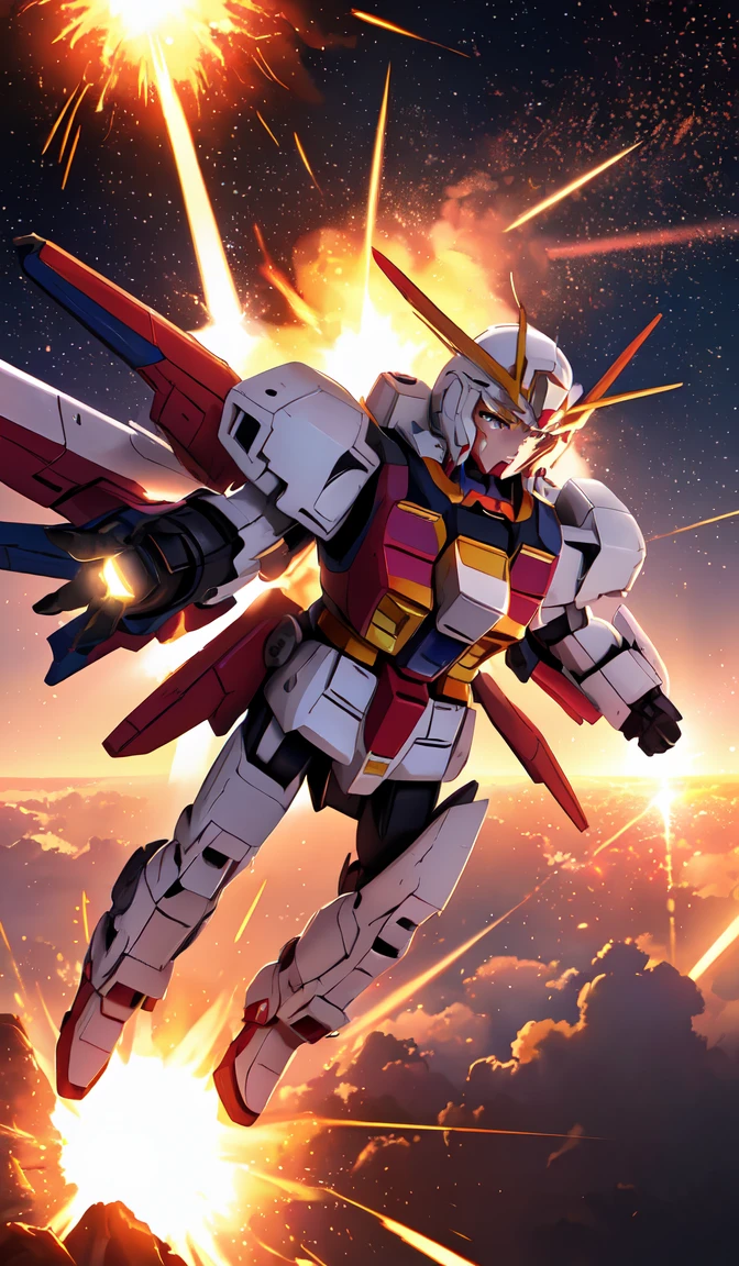 a matte cute pink gundam, (flying away from an explosion:1.4), cinematic lens flare, bloom, dynamic lighting, massive fireball, 4k vfx,abstract dream, space, intricate, grand scale, alone, cinematic film still, insane detail, sharp focus, depth of field, realistic lighting, (realistic perspective), complex, (multiple subjects), 4k HDR,