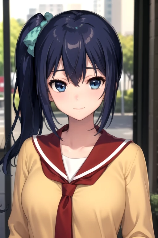 ((masterpiece)),(best quality),official art,extremely delicate and beautiful,extremely detailed CG,unity 8k wallpaper,ultra detailed,beautiful detailed eyes,extremely detailed face,outdoors,1girl,solo,upper body,(portrait:1.5),looking at viewer,facing viewer,smile,Takasaki Miho,long hair,blue hair,side ponytail,hair ribbon,hair bow,aqua bow,sidelocks,hair between eyes,bangs,blue eyes,school uniform,red sailor collar,yellow shirt,red necktie,long sleeves,medium breasts,red skirt,plaid skirt,pleated skirt,zettai ryouiki,black thighhighs,loafers,black footwear,<lora:Takasaki Miho(oin)-Remake>,