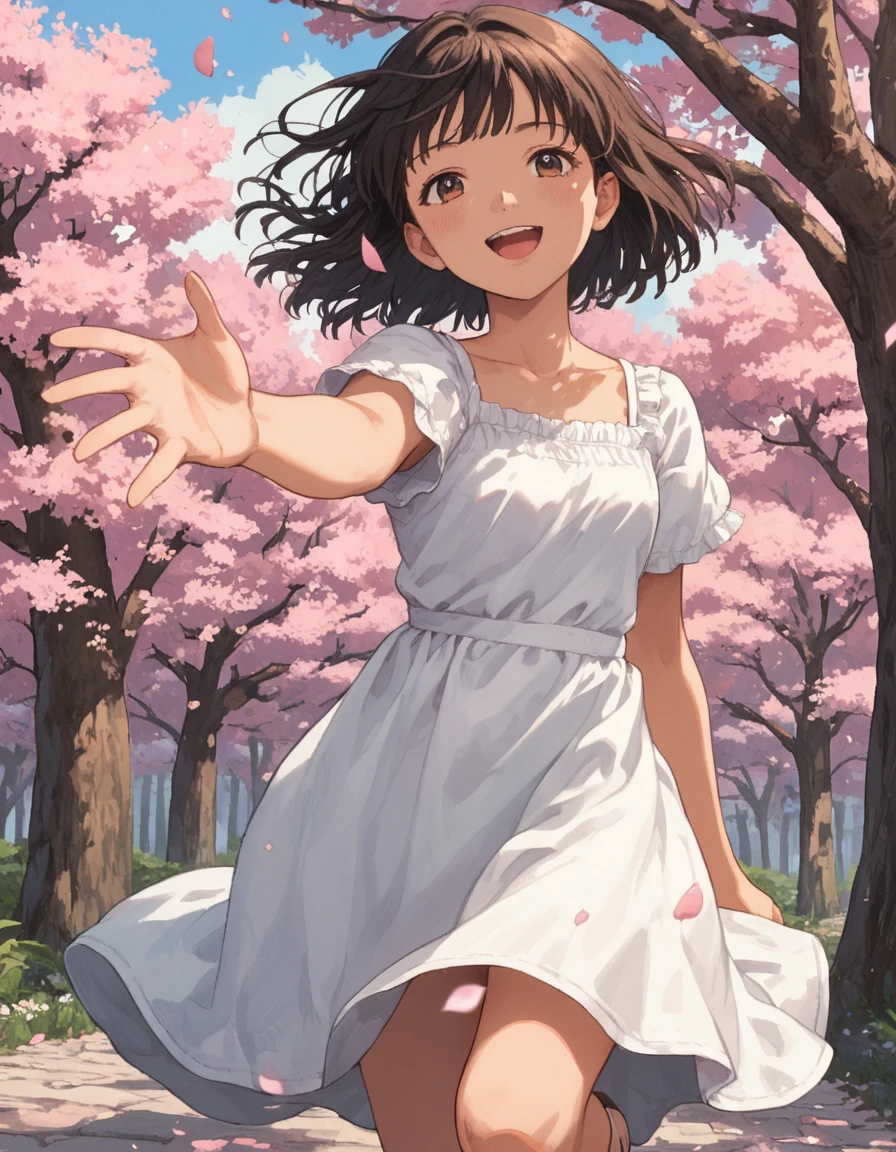 score_9, score_8_up, score_7_up, score_6_up, score_5_up, source_anime, 1girl, sundress,  solo, hanami, fringe, falling petals, cherry blossoms, tree focus, smile, upper teeth only, petals, reaching towards viewer,