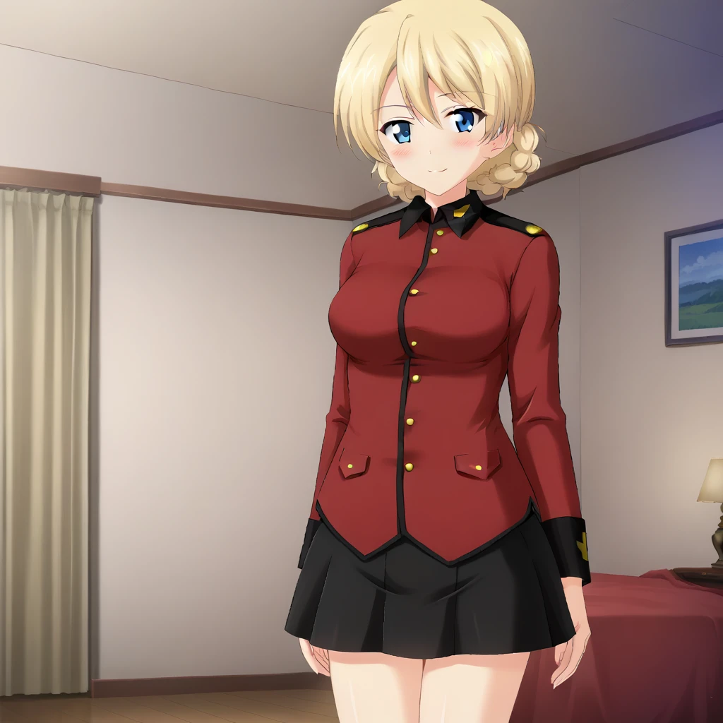 <lora:Darjeeling - Girls Und Panzer-000002:1>, DarjeelingGuP, 1girl, blonde hair, solo, blue eyes, breasts, braid, looking at viewer, standing, short hair, blush, smile, indoors, bedroom, evening, "red jacket, military uniform, black skirt", arms at sides,