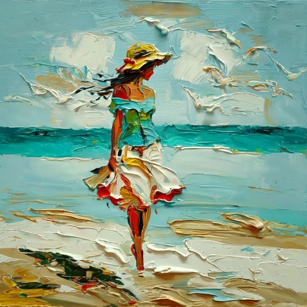 impasto girl walking on the beach <lora:impasto:1>