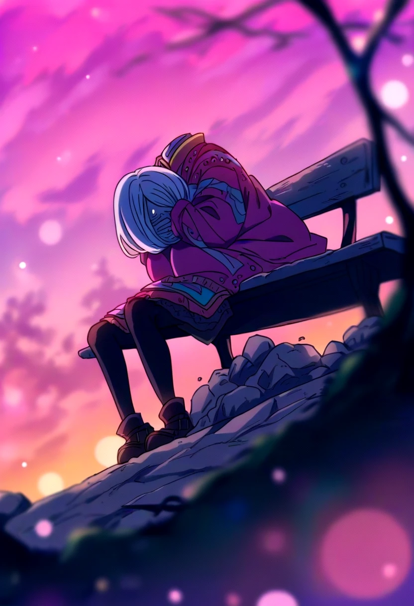 detached head,headless,angry old russian woman with disembodied head,head on hands,stretched arms,solo,sitting on a stone bench,pink sunset,bokeh, headless,from side,anime,very high quality,incredible colors,depth of field, wide angle, by professional artist,extremely detailed sky,bokeh <lora:xlDADAPTADAM_disembodied_v3-000009:2:lbw=0,0,0,0,0,0,0,0,0,1,0,1,0,0,0,0,0,0,0,0>