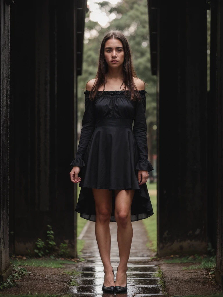 RAWphotograph, 1girl, Scandinavian woman, elegant, casual, , tearful sad expression, "ready-for-a-funeral", black dress, looking down, in a rainy graveyard at dusk, ((full body shot)), PA7_Portrait-FL, (((Ultra-HD-details, Ultra-HD-detailed, Ultra-HD-realistic, Ultra-HD-photo-same-realistic-quality-details))), 8k uhd, dslr, soft lighting, high quality, film grain, Fujifilm XT3