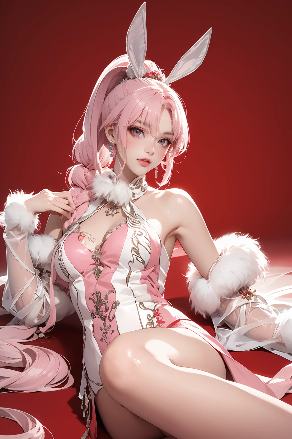 (masterpiece, best quality,masterpiece,illustration,),
red background,very long hair,lying back,
<lora:xiaowu:0.8>,xiaowu,braided ponytail,clothing cutout,detached sleeves,feather hair ornament,jewelry,rabbit ears,pink hair,