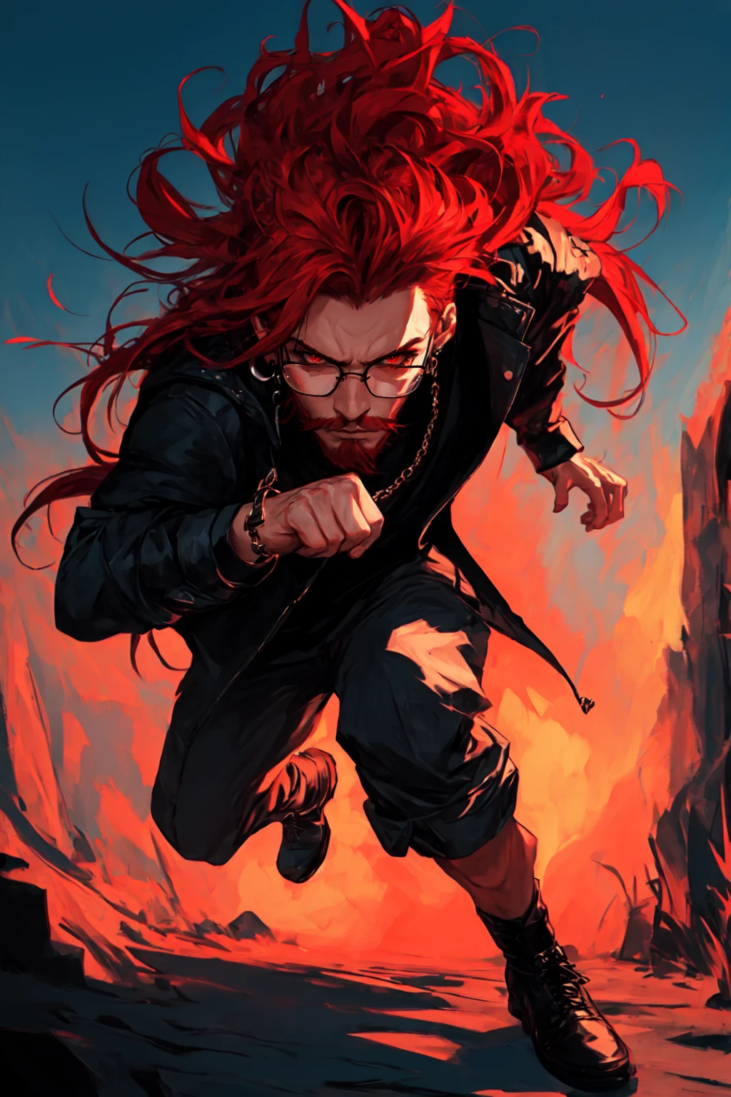 cbxzz, 1boy, male focus, solo, glasses, red eyes, earrings, jewelry, looking at viewer, bespectacled, red hair, long hair, outdoors, facial hair, closed mouth, full body, fight pose, vibrant, vivid colors, enigmatic , masterpiece, best quality , <lora:Ceberus_OC_Lora_for_SD_1.5:0.5>