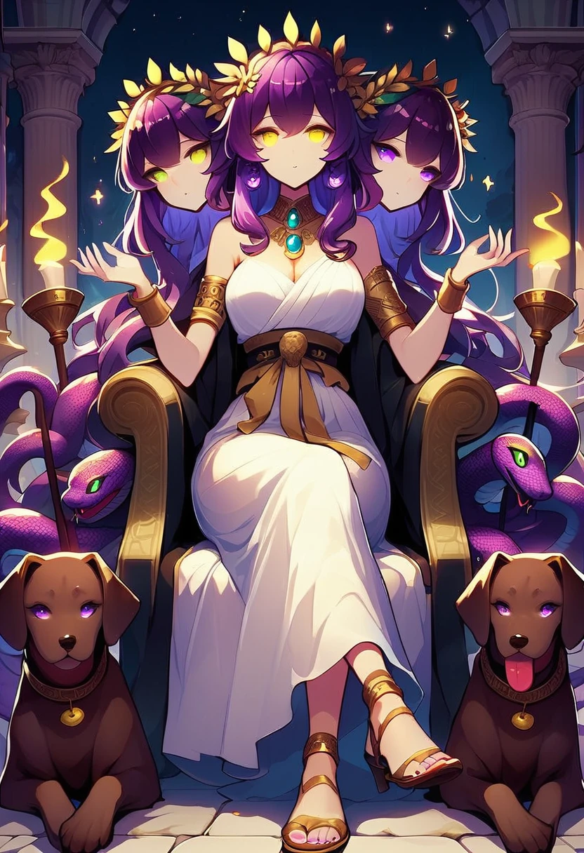 score_9, score_8_up, score_7_up, Hecate, Greek goddess, three heads, (yellow eyes), purple hair, snakes wrapped around her waist, dog companions, torches, sitting on a throne