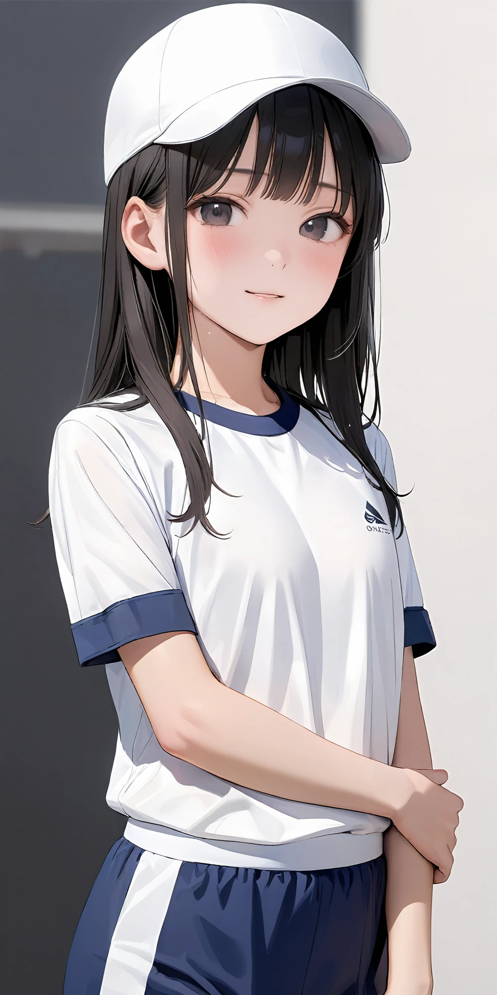 masterpiece,ultra-detailed,best quality,8K,illustration,cute face,clean skin ,shiny hair,girl,simple background,
<lora:add-detail-xl:1> <lora:taisoufuku_XL_V1.0:1> jyojifuku, white shirt, short sleeves, blue shorts, gym uniform,white cap