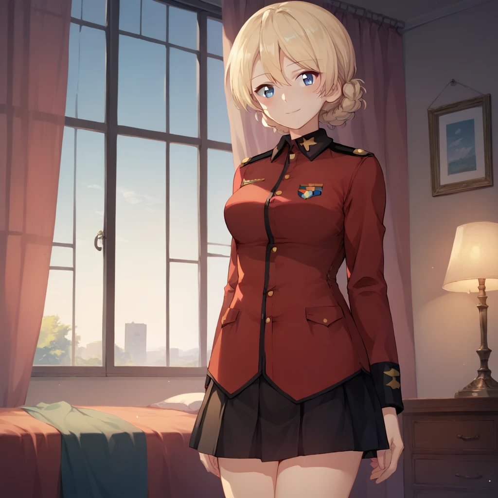 <lora:Darjeeling - Girls Und Panzer-000002:1>, DarjeelingGuP, 1girl, blonde hair, solo, blue eyes, breasts, braid, looking at viewer, standing, short hair, blush, smile, indoors, bedroom, evening, "red jacket, military uniform, black skirt", arms at sides, score_9, score_8_up, score_7_up,