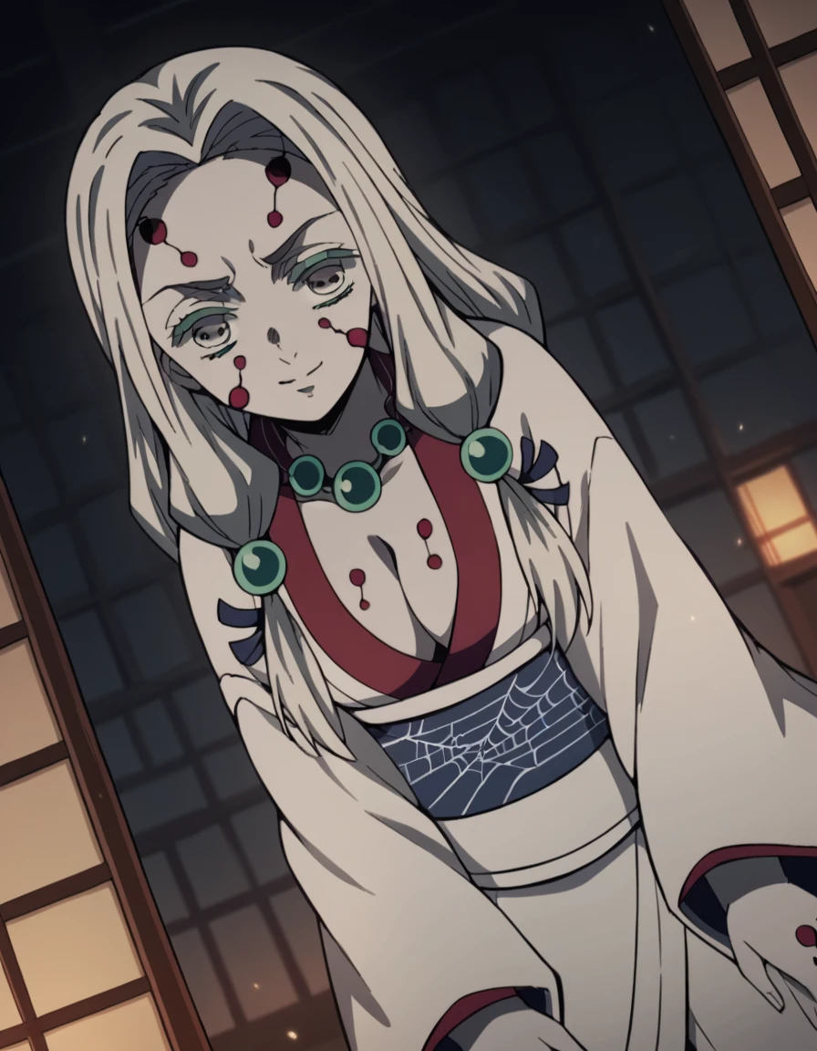 score_9, score_8_up, score_7_up, source_anime,
oldersisterspiderdemon, <lora:older-sister-spider-demon-ponyxl-lora-nochekaiser:1>,
spider demon, long hair, hair ornament, very long hair, white hair, grey eyes, facial mark, thick eyebrows, pale skin,
long sleeves, cleavage, jewelry, japanese clothes, kimono, necklace, sash, obi, beads,
indoors, dojo, bent over, smile,
solo, looking at viewer, cowboy shot, dutch angle,