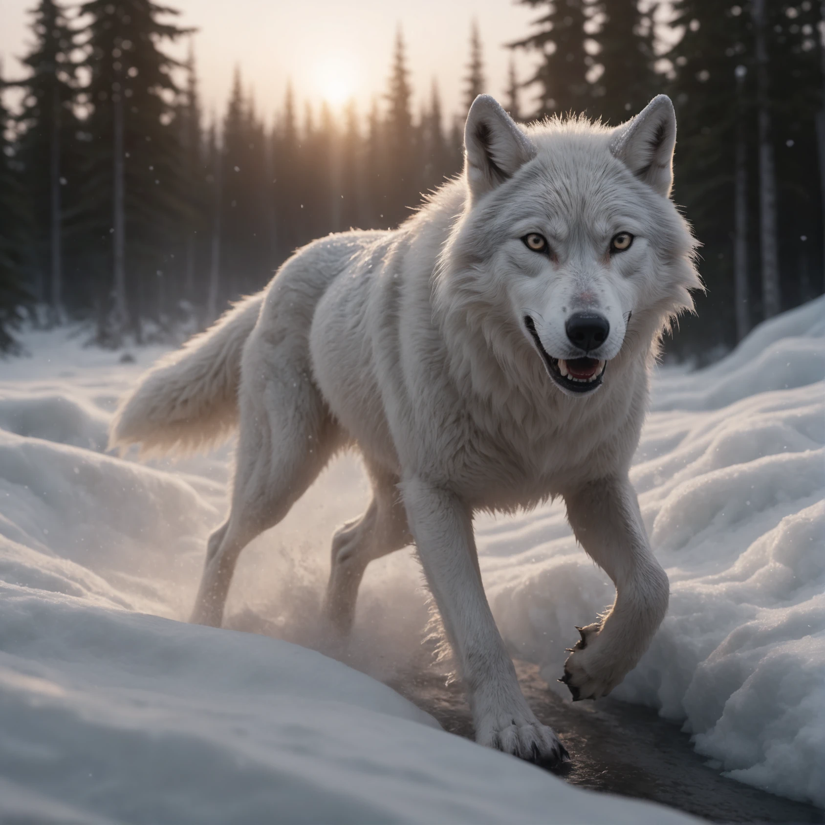 nature shot with wide shot an icy artic tundra,artic-wolf running through a snowdrift,hunting,nightfall,dimly lit,intense gaze,tension,perfect composition,masterpiece,best quality,Outdoors,greenery,natural light,fresh,vivid contrast,vivid color,Hyperrealistic art cinematic film still photography in the style of detailed hyperrealism photoshoot