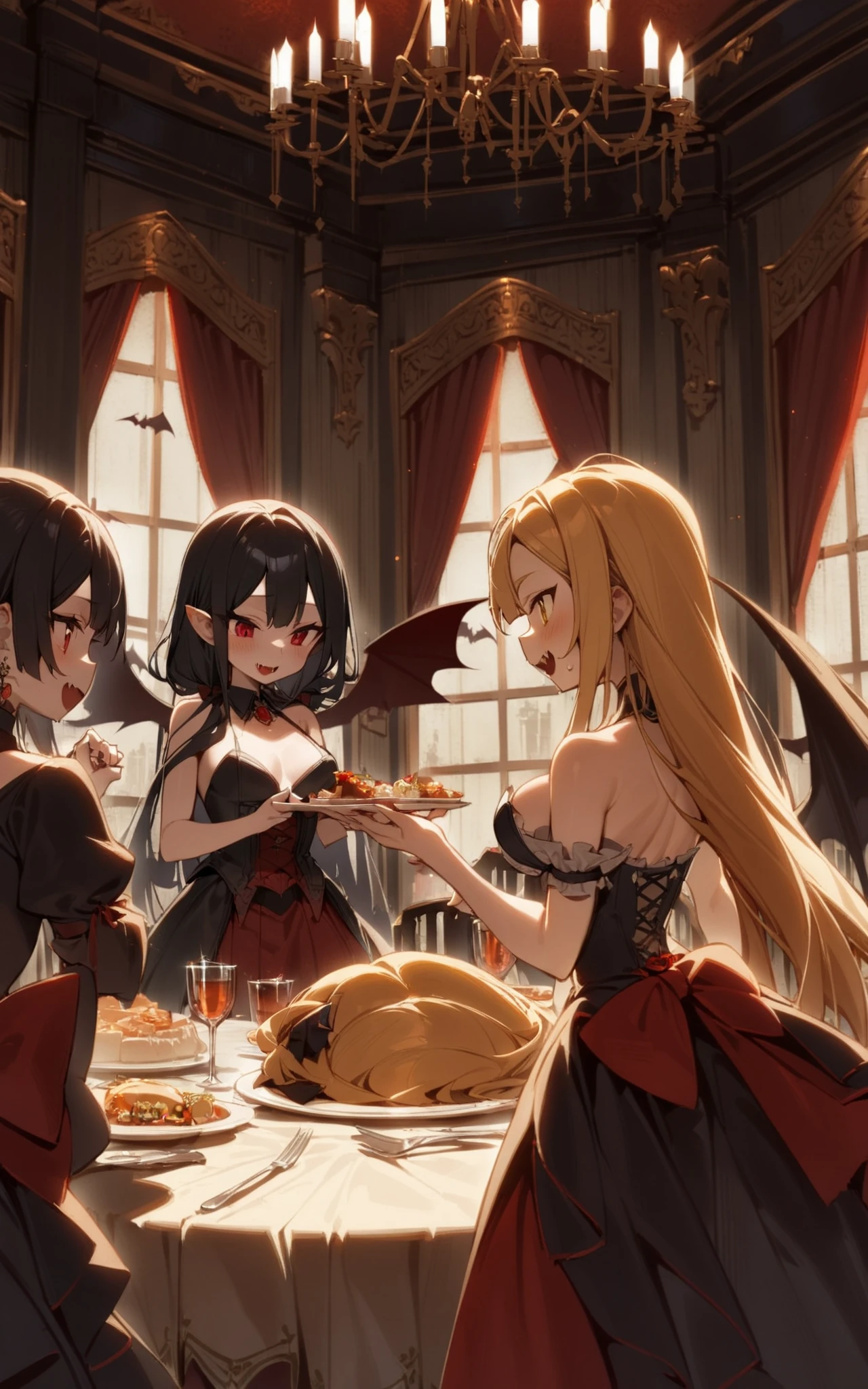 3 girls, vampire, wings, banquet, indoors, blonde hair, red hair, black hair