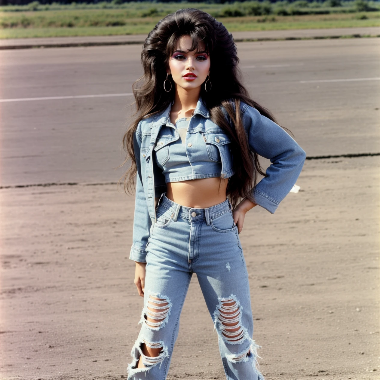 hud_am, 1girl, long big hair, makeup, lipstick, crop top, torn denim jeans, high heels, 1980s \(style\), realistic, <lora:anamoll:0.75>,