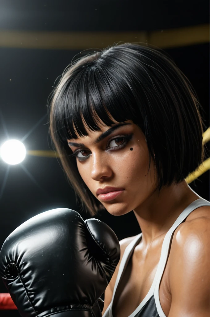 egyptian Female, (Boxing gloves), serious, stoic, cinematic, bokeh, dark moody, close-up, (freckles:0.5)