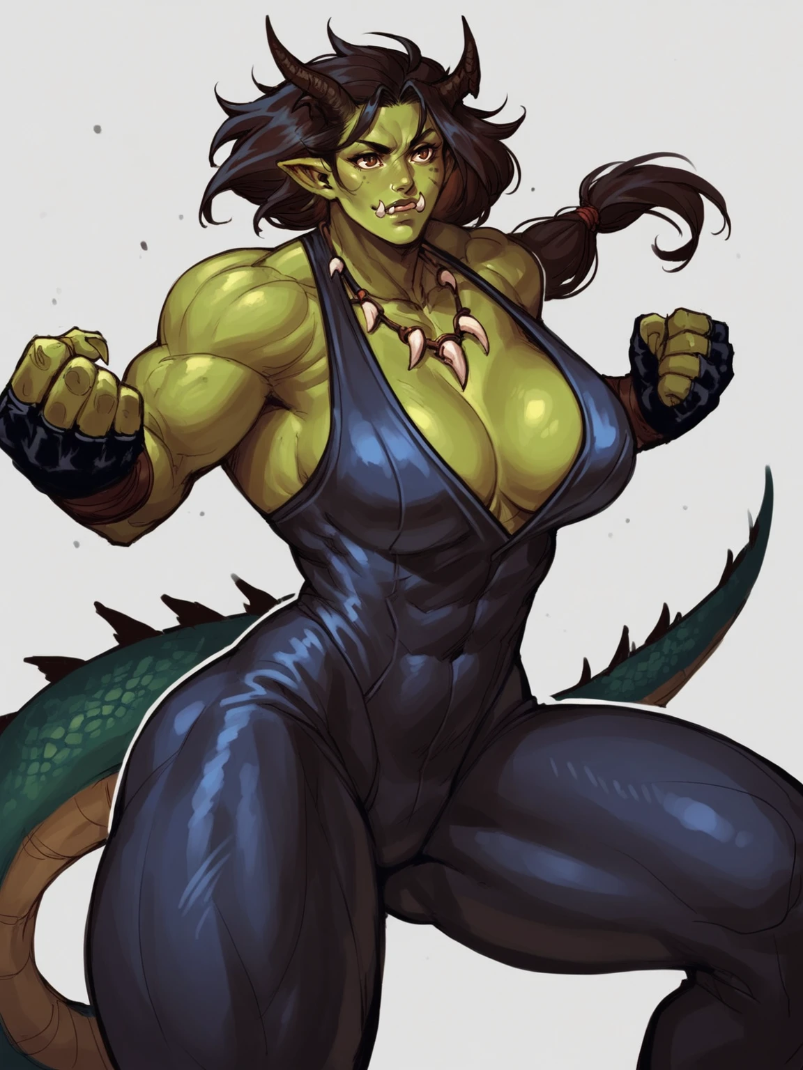 1girl, bodysuit,brown eyes, dragon girl, fighting stance, fingerless gloves, green skin, horns, large breasts, muscular, necklace, pointy ears, solo, tusks, <lora:VirgoArtV1:0.8>, score_9, score_8_up, score_7_up