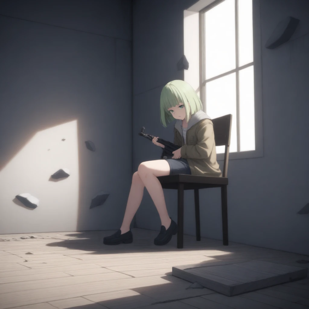 That's what V2 is for
BREAK bob cut, blunt bangs, light green hair, green eyes, brown jacket, holding rifle, AK-47, seated chair, window, city, debris, wooden floor, cracked wall, holes in the wall, particle effect