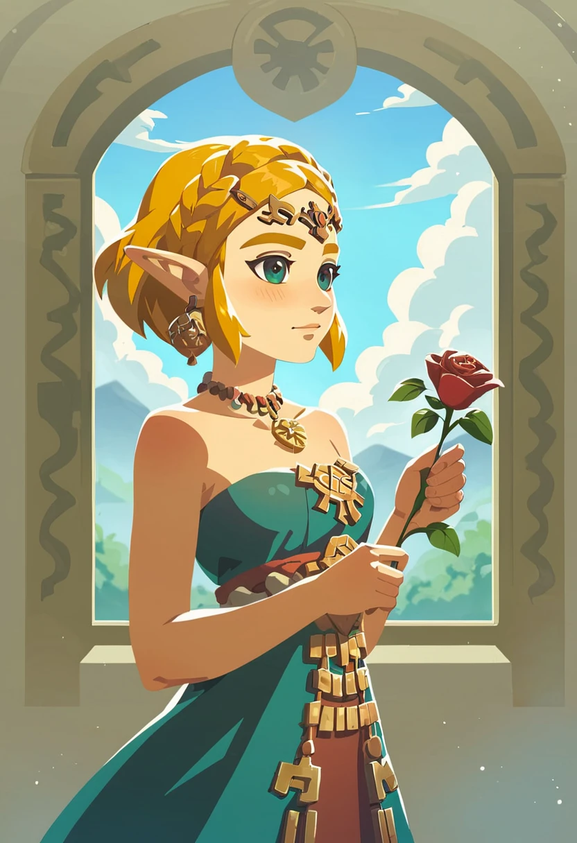 1girl like totkzelda,zonai dress, score_9, score_8_up, score_7_up, beautiful_face, blush, short hair,flat chest, <lora:pony_totkz-000040:0.7>, holding roses in her hand. The sunlight shines through the window on her face, creating soft shadows that highlight details. She has exquisite makeup and bright eyes, giving off a warm feeling.