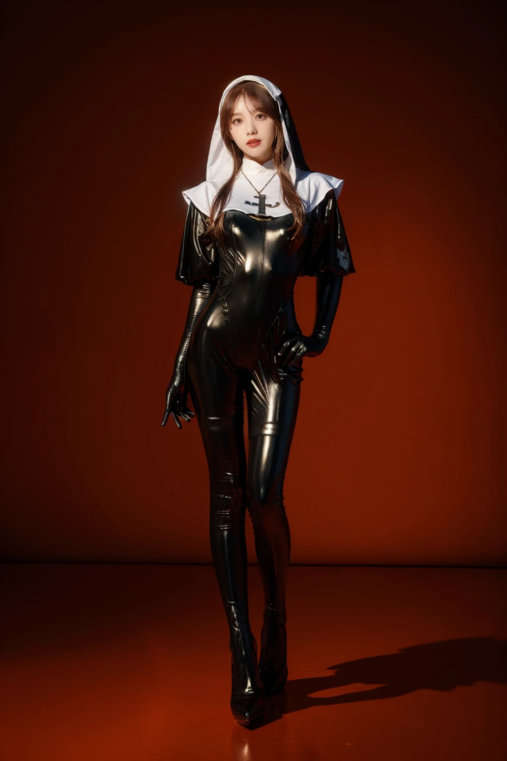 best quality,masterpiece,highres,extremely detailed cg unity 8k wallpaper,photorealistic,red background,1girl,solo,standing,full body,<lora:lemon0033-Latex Nun Black_v1:0.9>,lemon0033,bodysuit,nun,veil,high heels,