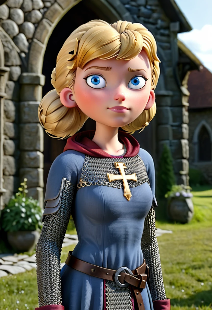 masterpiece, best quality, ultra_detailed, highres, absurdres, 1girl, <lora:penny_gadget_2015_xl_v2-000001:1> pennyg2015, blue eyes, blonde hair, hair bun, medieval templar, t3mpl4rcloak, cross, chainmail, robe, dusk, country yard, (light smile:0.35), solo, alone, toon \(style\), ultrahigh resolution textures, <lora:templarclothesxl:0.8>