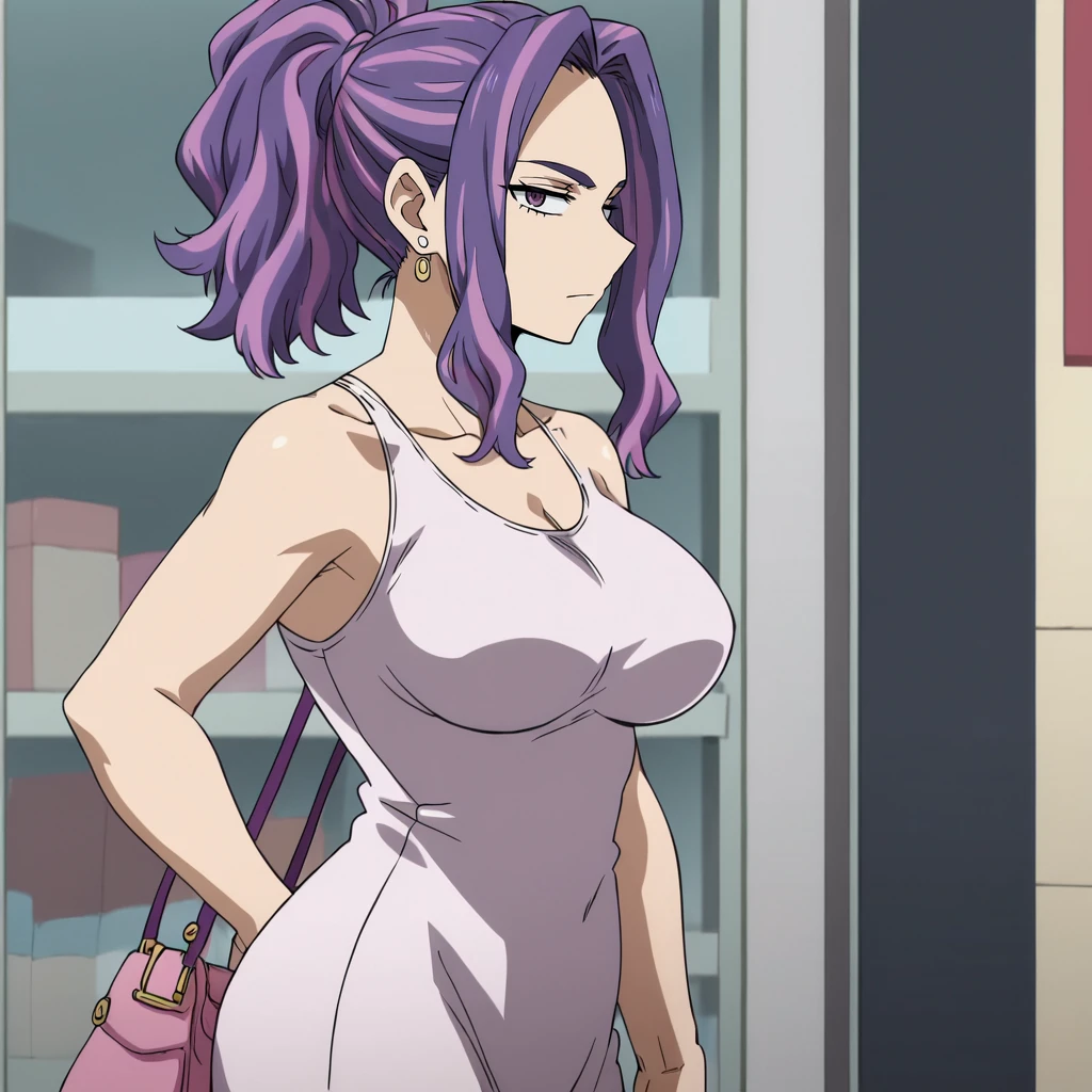 anime screencap,anime coloring,uncensored, 
1girl, solo, (ponytail:1.2),  mature female, <lora:lady_nagantV02:0.8>, lady nagant, purple hair, pink hair,  purple eyes, street,  collarbone, tight dress, white dress, mini dress, earrings, from side, store, handbag, looking at viewer