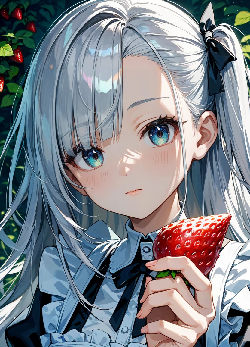 score_9, score_8_up, score_7_up ,source_anime masterpiece, best quality, perfect anatomy , very aesthetic , official art,BRAKE
1girl, solo, silver hair, one side up, long hair, asymmetrical bangs, maid's outfit, close-up of face, looking at viewer, holding strawberry, in hand, strawberry,
