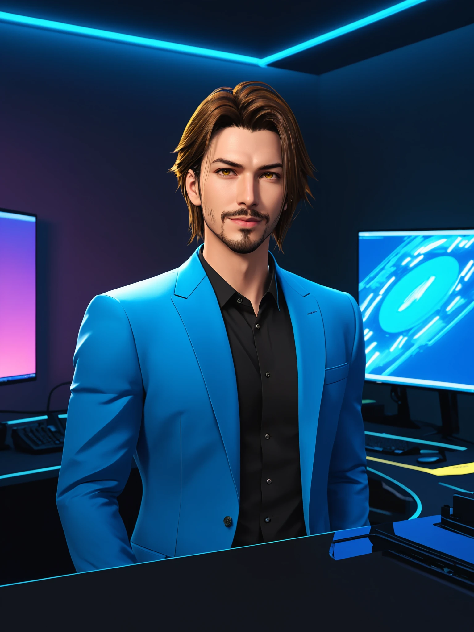 1boy, Final Fantasy VIII, Justin Maier as Squall Leonhart standing near a desk facing the camera, smile, brown hair, brown eyes, facial hair, stubble, looking at viewer, indoors, professional office, a singular professional CEO desk, minimalist, blue and yellow theme with neon, vaporwave gradient lights, futuristic, dusk theme, still, yellow track lights, electric light wires, neon outlines, centered, cinematic lighting, close-up, foreshortening, dark, dark background, desktop wallpaper, masterpiece, best quality, sidelighting, cinematic angle, masterpiece, best quality