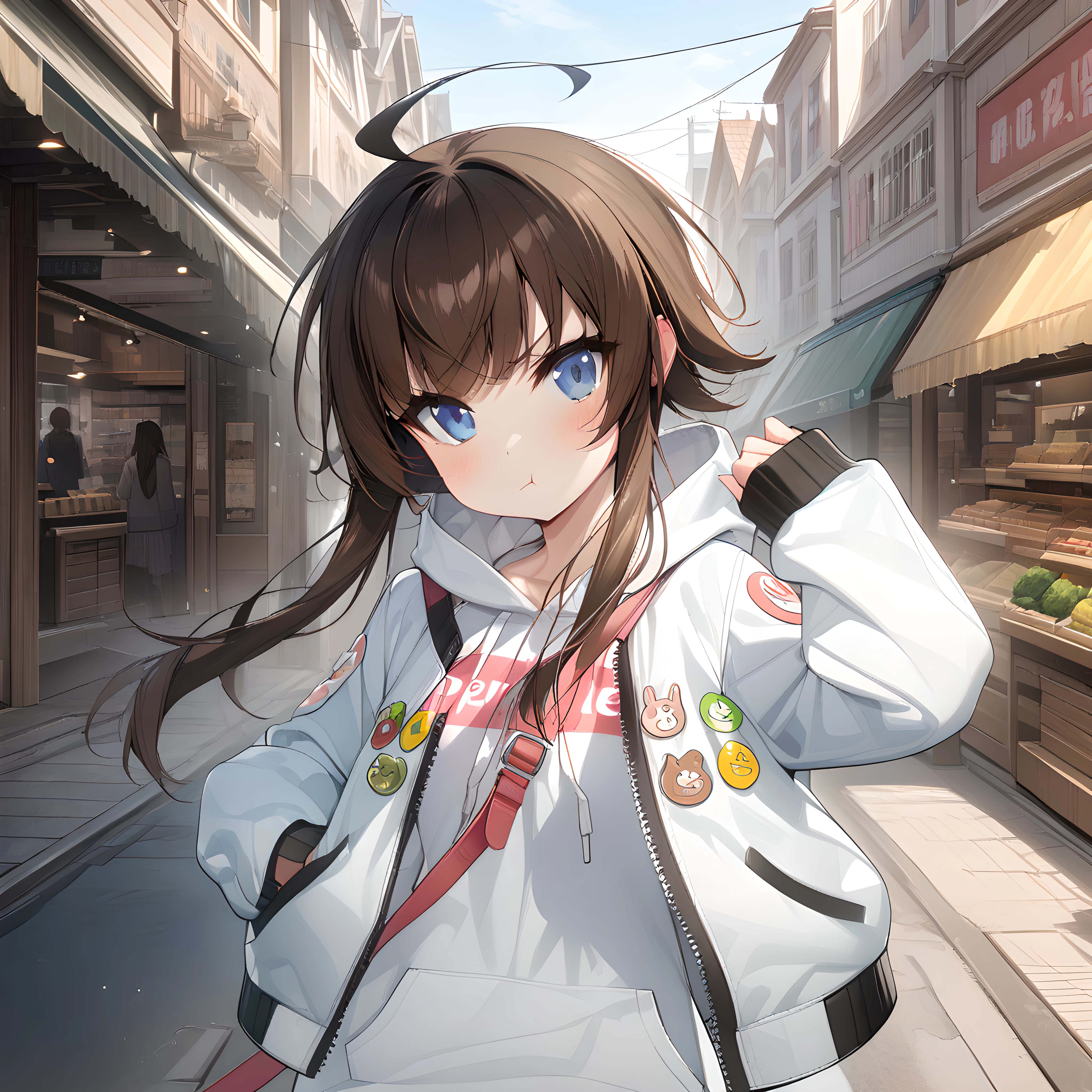 (masterpiece),(best quality),(ultra-detailed),(best illustration),(best shadow),(absurdres),(detailed background),(very aesthetic), yang harim, hood, solo, 1girl, hood down, blue eyes, ahoge, brown hair, white jacket, sleeves past wrists, jacket, white hoodie, long sleeves, market background, defaultoutfit, pout, looking at viewer, close-up, portrait, hands on waist, proud, hands inside jacket pocket, <lora:Yang_Harim:1>