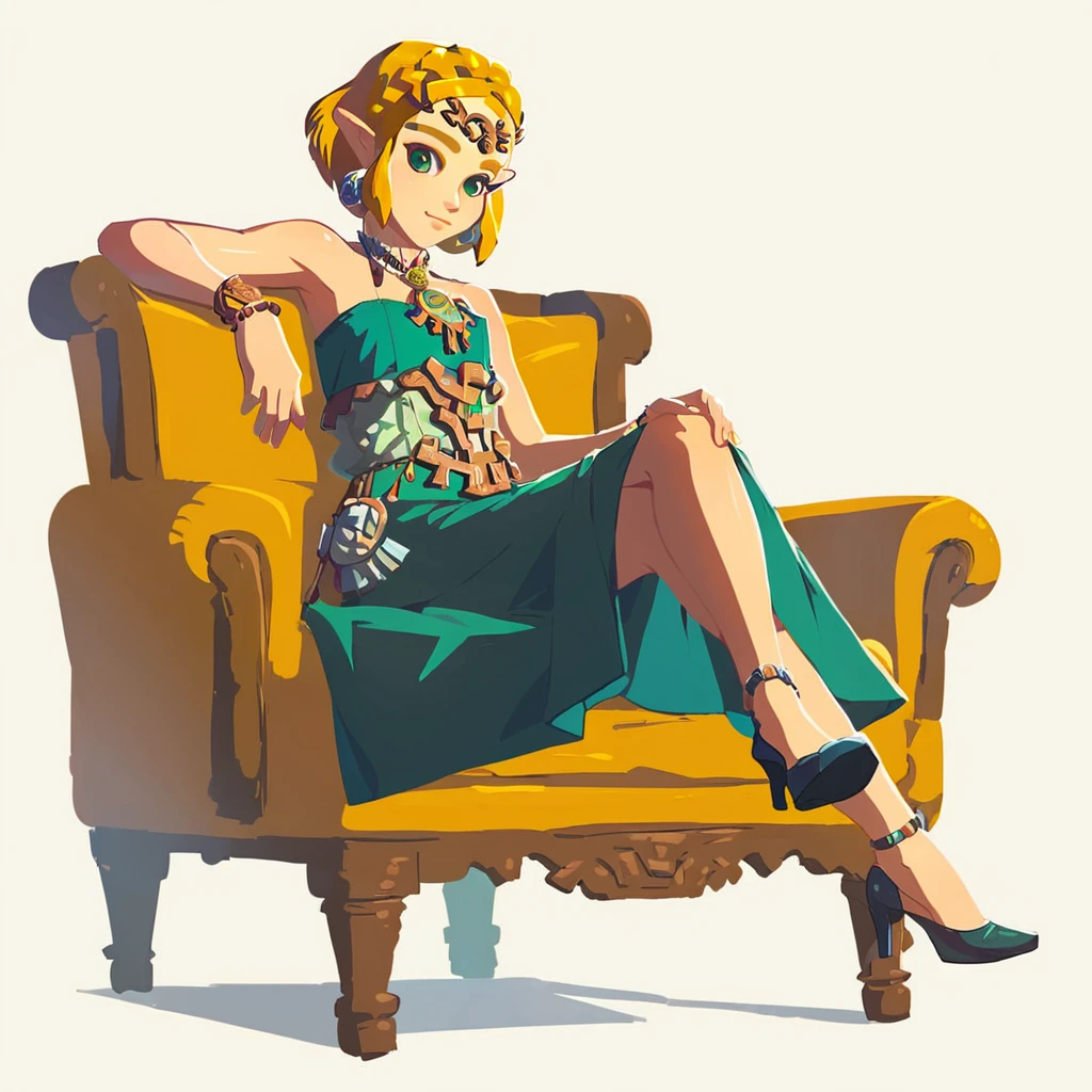 1girl like totkzelda,in zonai dress with bare shoulders, score_9, score_8_up, score_7_up, short hair,flat chest, <lora:pony_totkz-000040:0.9>, sitting on an armchair, wearing high heels and blouse, anime style, white background, full body shot, digital art, Artstation