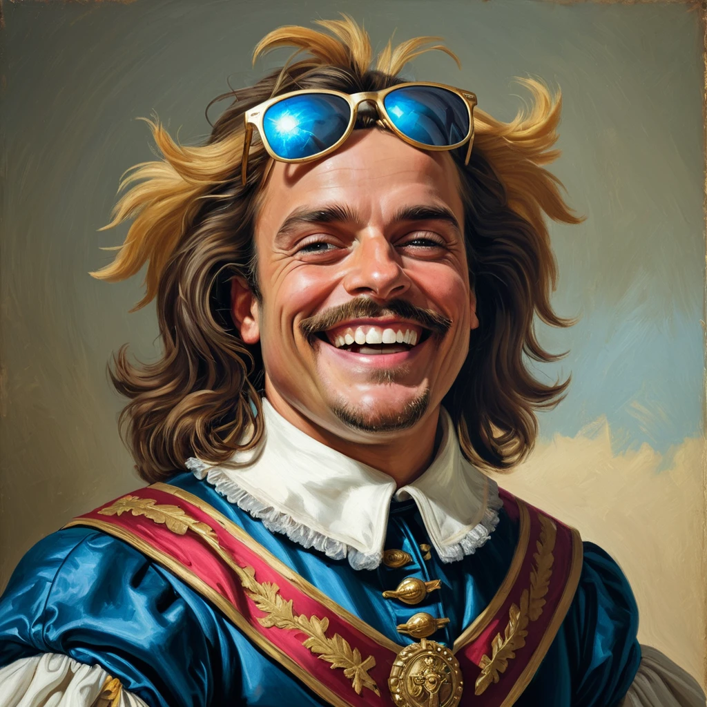 Painting of the laughing cavalier with sunglasses on top of head<lora:sunglasses_on_head-000008:0.6>