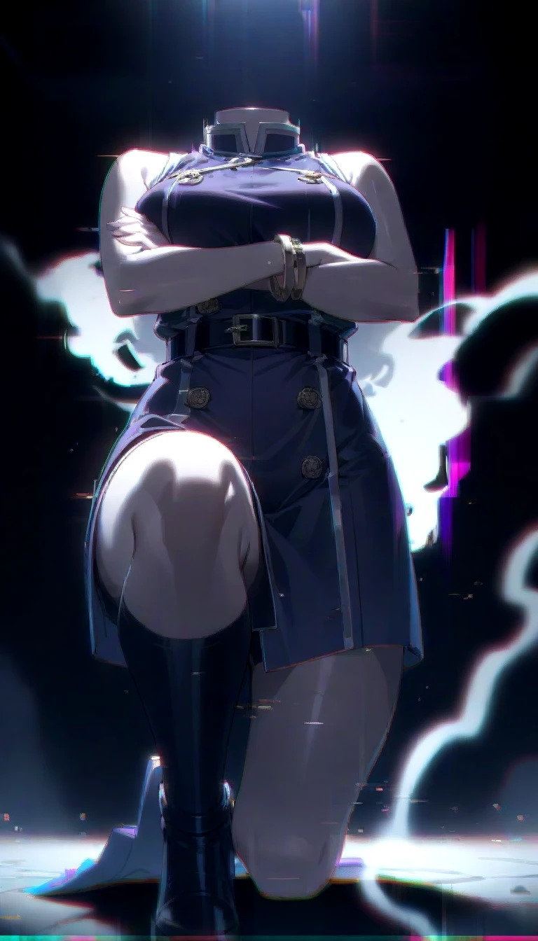 disembodied head,headless,((masterpiece), (best quality), Exceptional detail,flat anime,2d,solo,1girl,head on hips,serious,looking up, chubby,purple steamware coat,bracelet,black belt with pants,sleeveless,[standing:5],(kneeling one leg up),(leaning forward:0.8),crossed arms,elbow on hip,from below,smoke,dramatic lighting,hlpr,(glitch noise:1.2),chromatic aberration