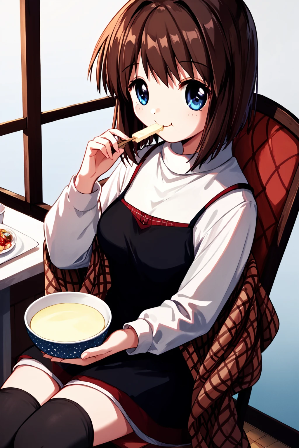 score_9, score_8_up, score_7_up, score_6_up, rating_safe, source_anime, best quality, masterpiece, detailed background, detailed eyes, cafeteria, sitting in chair, eating a bowl of ice cream, <lora:misaka-shiori-xl-04:1>, misaka shiori, medium breasts, brown hair, blue eyes, black dress over white turtleneck, brown plaid shawl, black stockings, smile