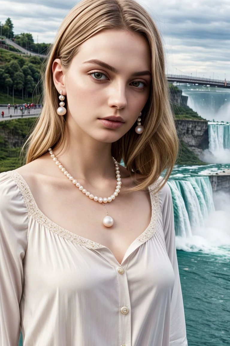 European woman, closeup, (shirt), pants, (niagara falls), pearl necklace , ZM_genowefa, wide shoulders, perfect face, (contact iris: 1.1), pale skin, skin pores , depth of field